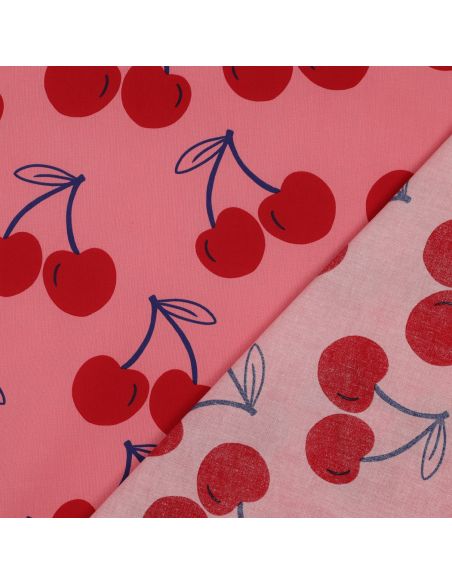 Tejido de algodón repelente al agua con cerezas grandes - Rosa