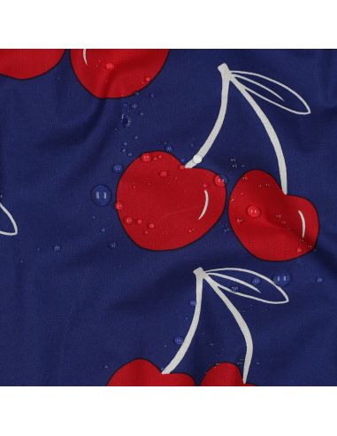 Tejido de algodón repelente al agua con cerezas grandes - Azul