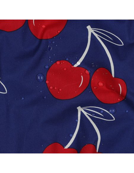 Tejido de algodón repelente al agua con cerezas grandes - Azul
