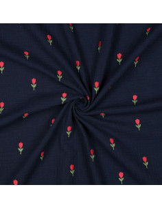 Tejido de doble gasa bordado con tulipanes - Azul marino