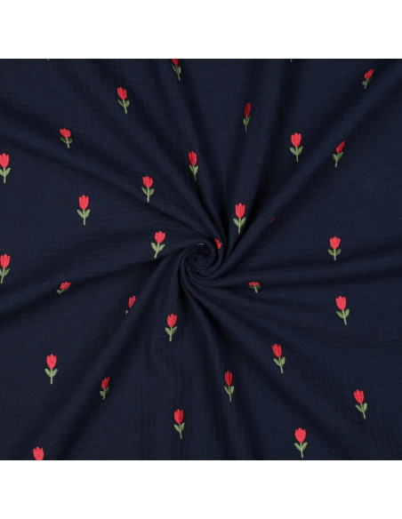 Tejido de doble gasa bordado con tulipanes - Azul marino