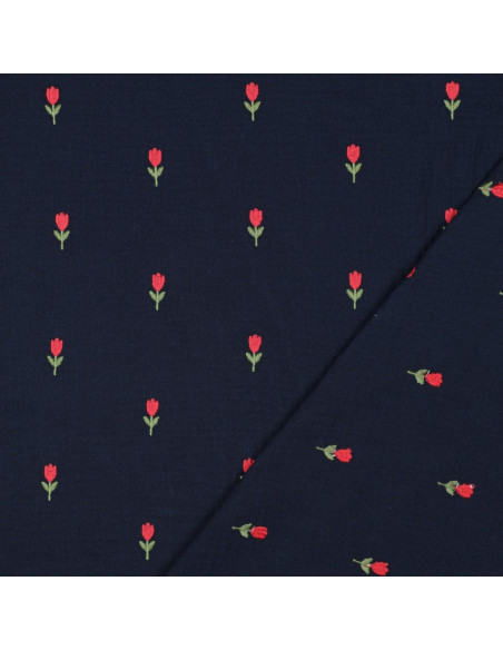 Tejido de doble gasa bordado con tulipanes - Azul marino