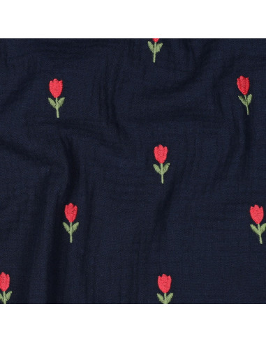 Tejido de doble gasa bordado con tulipanes - Azul marino