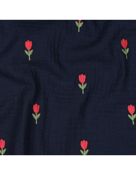Tejido de doble gasa bordado con tulipanes - Azul marino