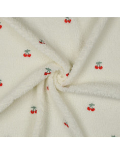 Tejido de peluche Teddy bordado con cerezas - Crudo