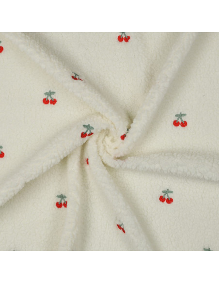 Tejido de peluche Teddy bordado con cerezas - Crudo