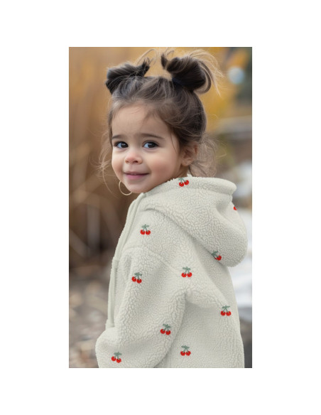 Tejido de peluche Teddy bordado con cerezas - Crudo