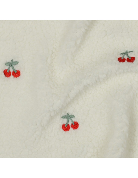 Tejido de peluche Teddy bordado con cerezas - Crudo