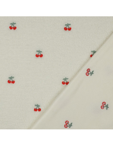 Tejido de peluche Teddy bordado con cerezas - Crudo