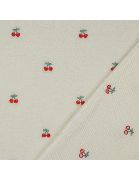 Tejido de peluche Teddy bordado con cerezas - Crudo