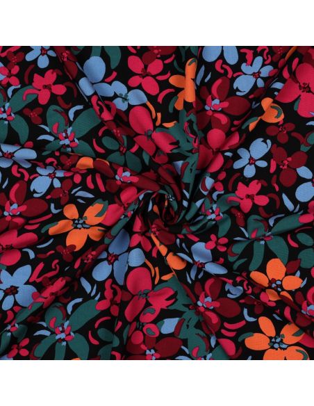 Tejido de viscosa con flores brillantes - Negro