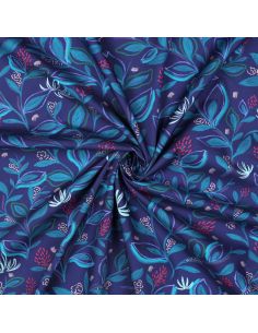 Tejido popelina de algodón flores y hojas - Azul