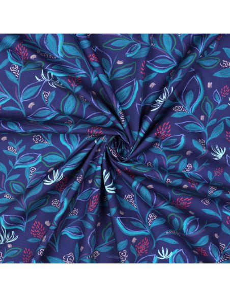 Tejido popelina de algodón flores y hojas - Azul