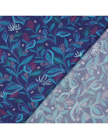 Tejido popelina de algodón flores y hojas - Azul