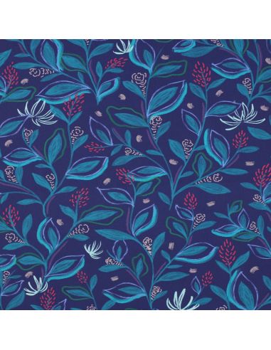 Tejido popelina de algodón flores y hojas - Azul