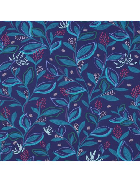 Tejido popelina de algodón flores y hojas - Azul