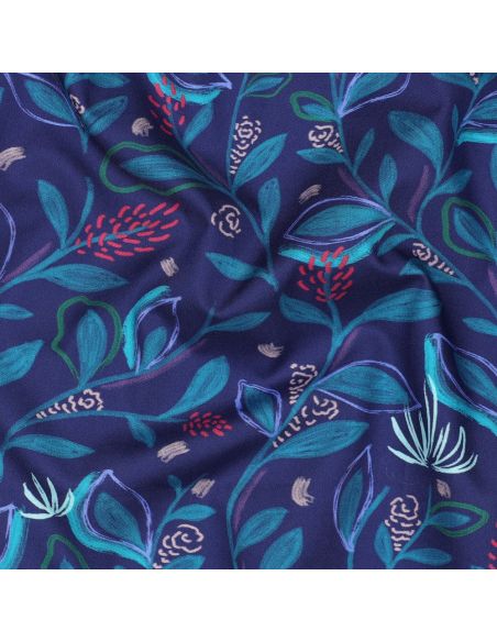 Tejido popelina de algodón flores y hojas - Azul