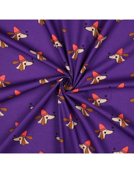 Tejido popelina de algodón perros y corazones - Violeta