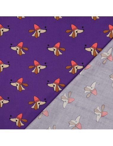Tejido popelina de algodón perros y corazones - Violeta