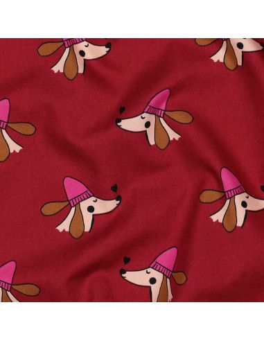 Tejido popelina de algodón perros y corazones - Burdeos