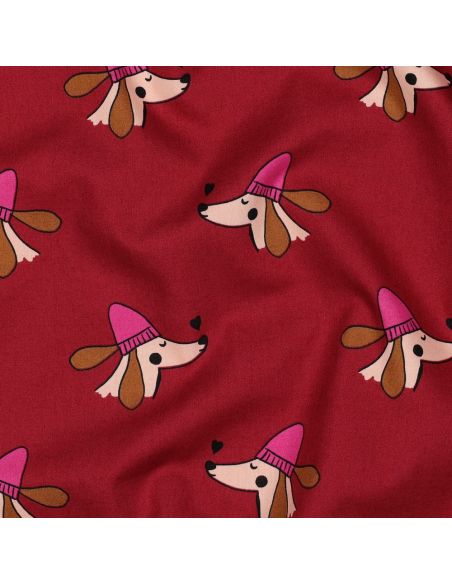 Tejido popelina de algodón perros y corazones - Burdeos