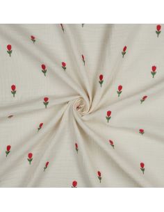 Tejido de doble gasa bordado con flores - Natural