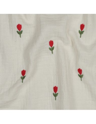Tejido de doble gasa bordado con flores - Natural