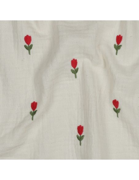 Tejido de doble gasa bordado con flores - Natural