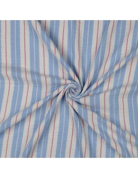 Tejido de doble gasa estampado a rayas - Azul