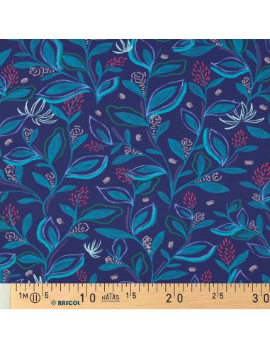 Tejido popelina de algodón flores y hojas - Azul