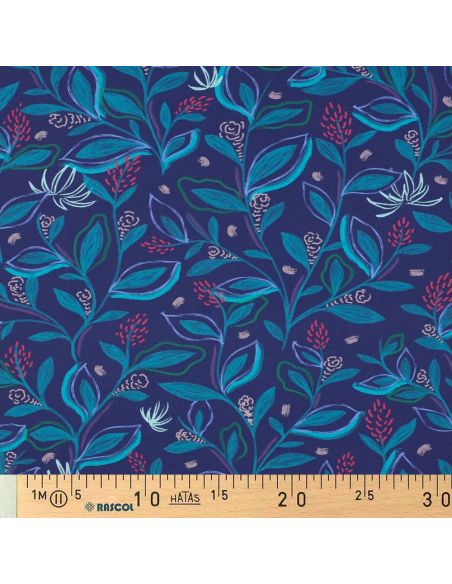 Tejido popelina de algodón flores y hojas - Azul