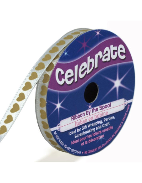 Cinta de satén Celebrate blanca con corazones dorados impresos - 6 mm x 4 metros