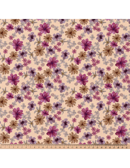 Tejido popelina de algodón - Aster violeta y melocotón