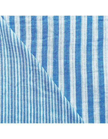 Tejido de doble gasa arrugada a rayas - Azul y blanco roto