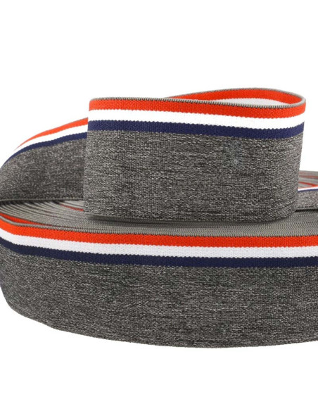 Elástico fantasía rayado tricolor fondo gris jaspeado 45 mm