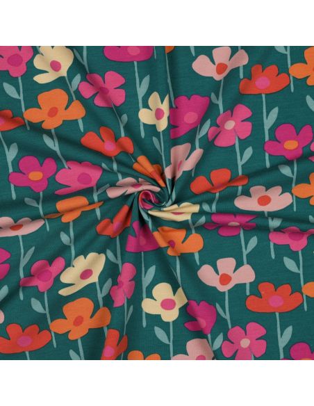 Tela de sudadera flores del campo - Fondo verde
