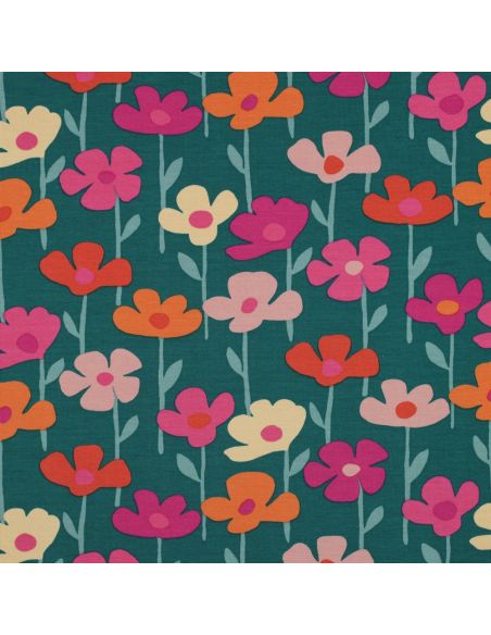Tela de sudadera flores del campo - Fondo verde