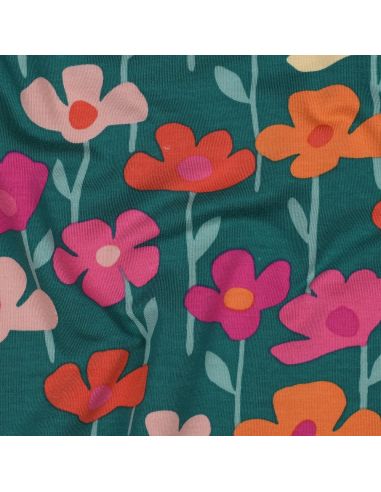 Tela de sudadera flores del campo - Fondo verde