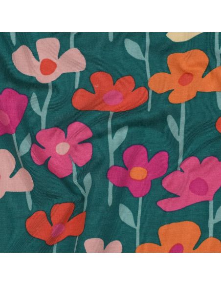 Tela de sudadera flores del campo - Fondo verde