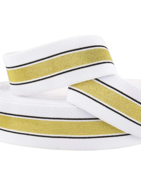 Elástico fantasía lúrex rayado oro y blanco 40 mm