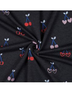 Tejido de sudadera mezclado con glitter de cerezas - Azul marino