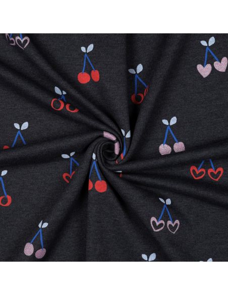Tejido de sudadera mezclado con glitter de cerezas - Azul marino