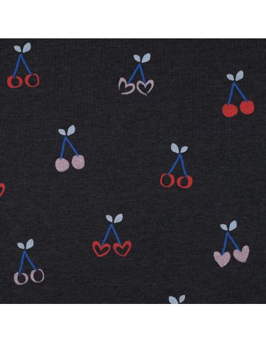 Tejido de sudadera mezclado con glitter de cerezas - Azul marino