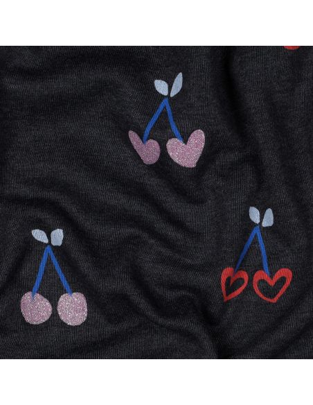 Tejido de sudadera mezclado con glitter de cerezas - Azul marino