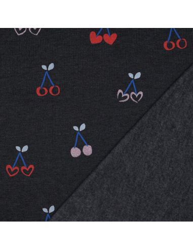 Tejido de sudadera mezclado con glitter de cerezas - Azul marino