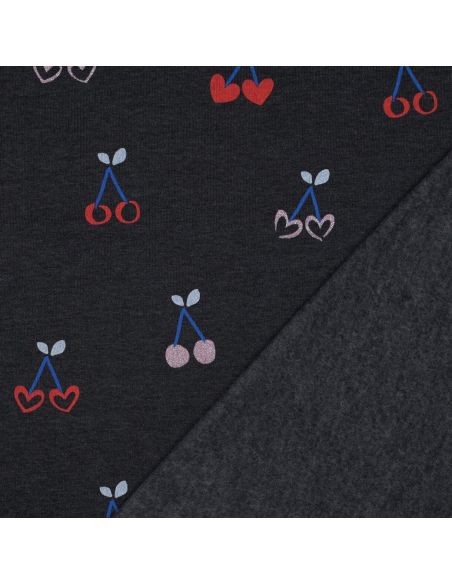 Tejido de sudadera mezclado con glitter de cerezas - Azul marino