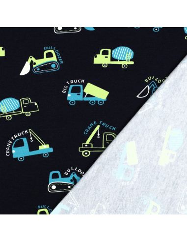 Tela de sudadera ligera con maquinaria de construcción - Azul marino