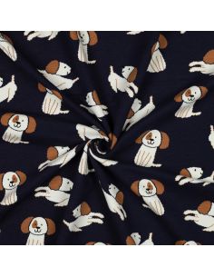 Tela de sudadera ligera con perros - Azul marino