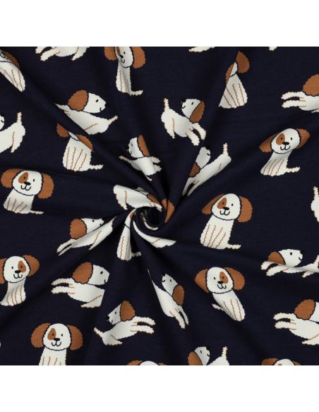 Tela de sudadera ligera con perros - Azul marino