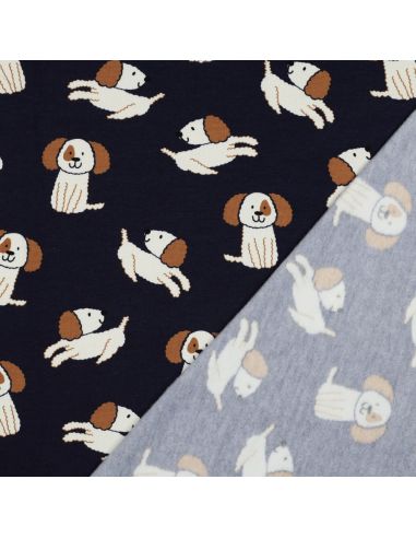 Tela de sudadera ligera con perros - Azul marino
